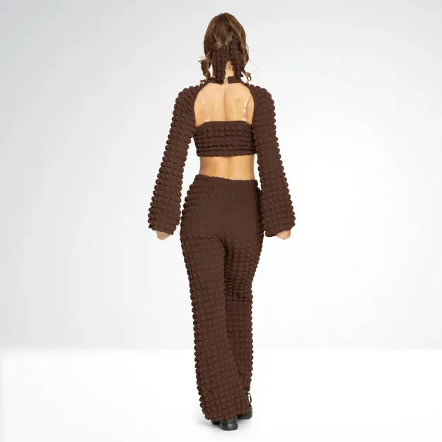 1st Position Three-Piece Textured Crop Top Bell Sleeve and Matching Trousers