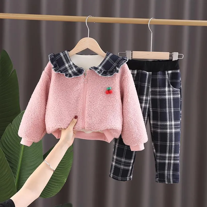 2-piece Fleece-lined Coat & Plaid Pants for Toddler Girl