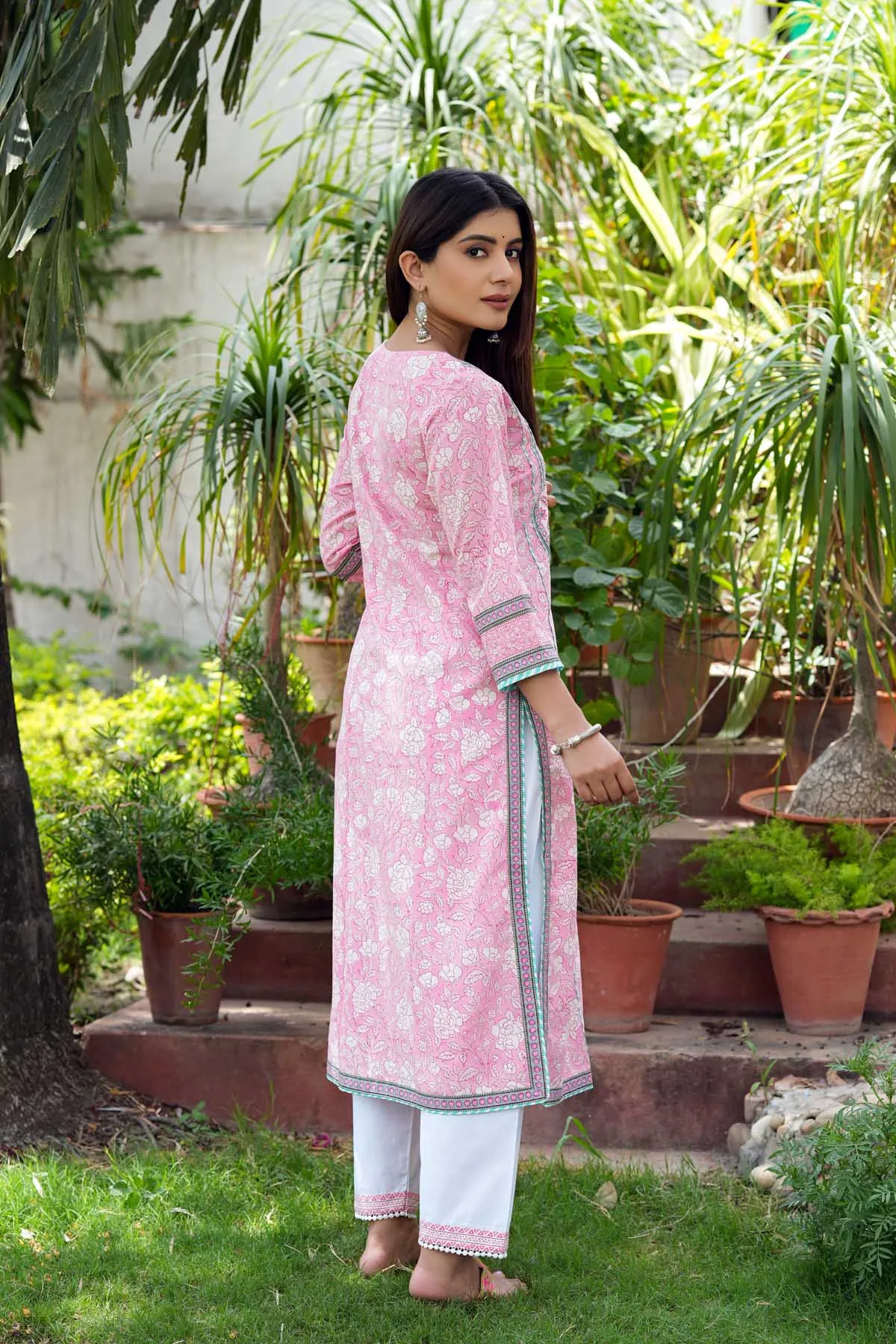 A-Line Kurta/Pant Set In Pink Hand Block Printed Cotton