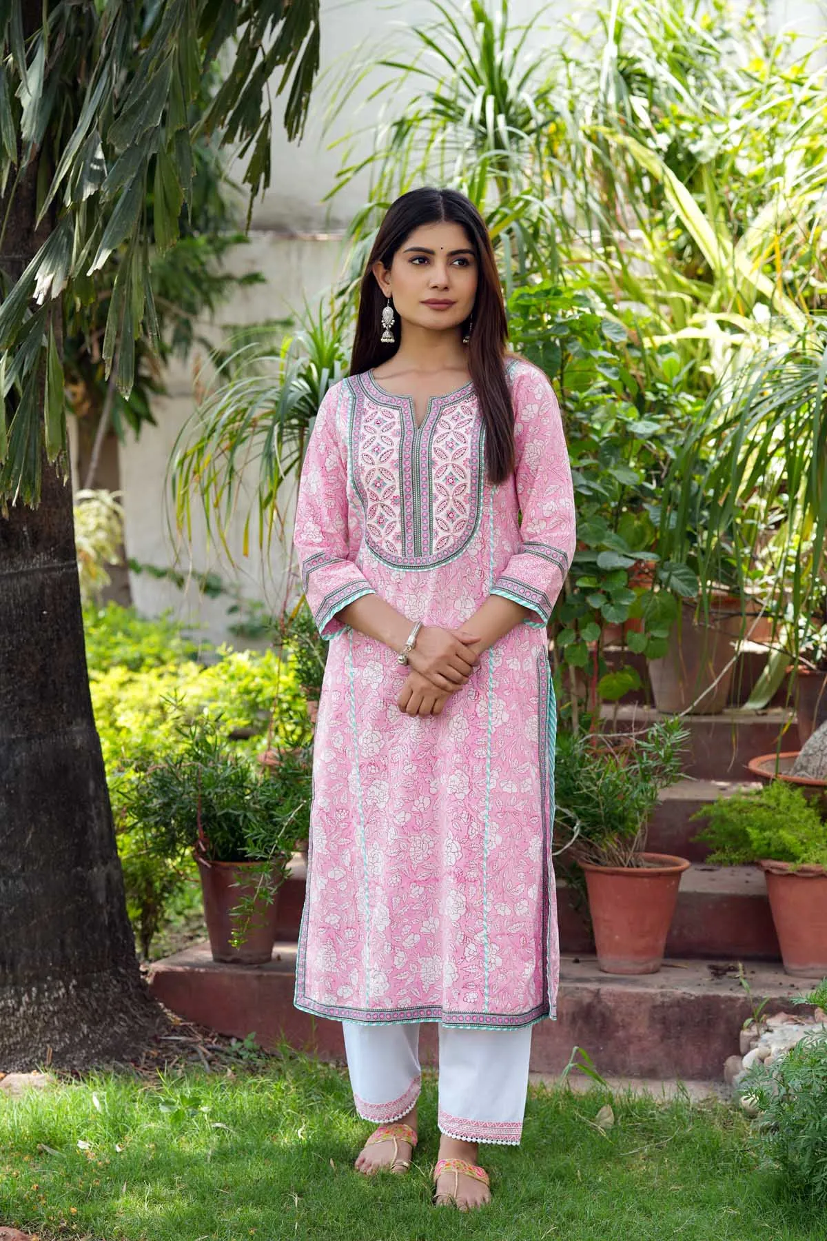 A-Line Kurta/Pant Set In Pink Hand Block Printed Cotton