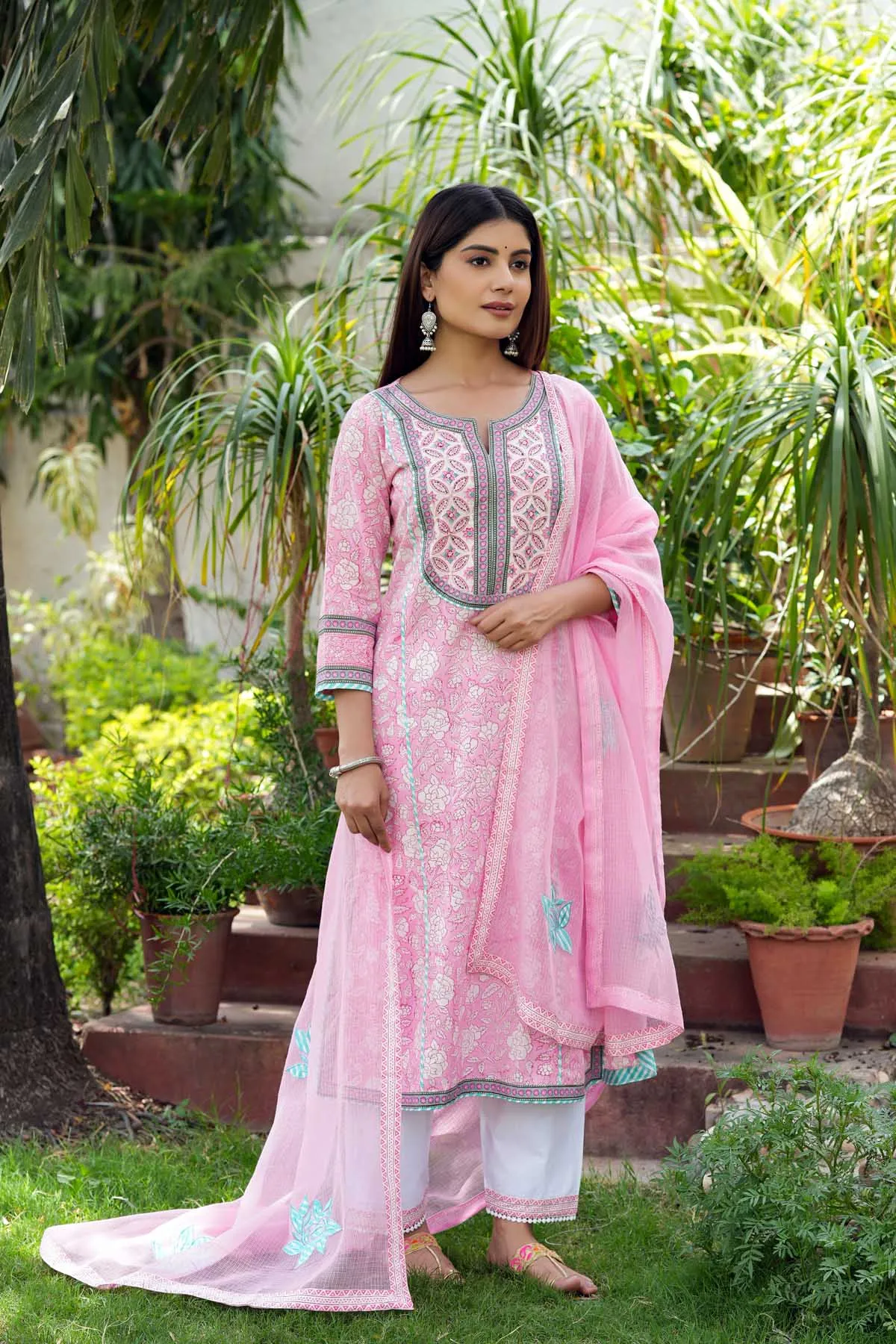 A-Line Kurta/Pant Set In Pink Hand Block Printed Cotton