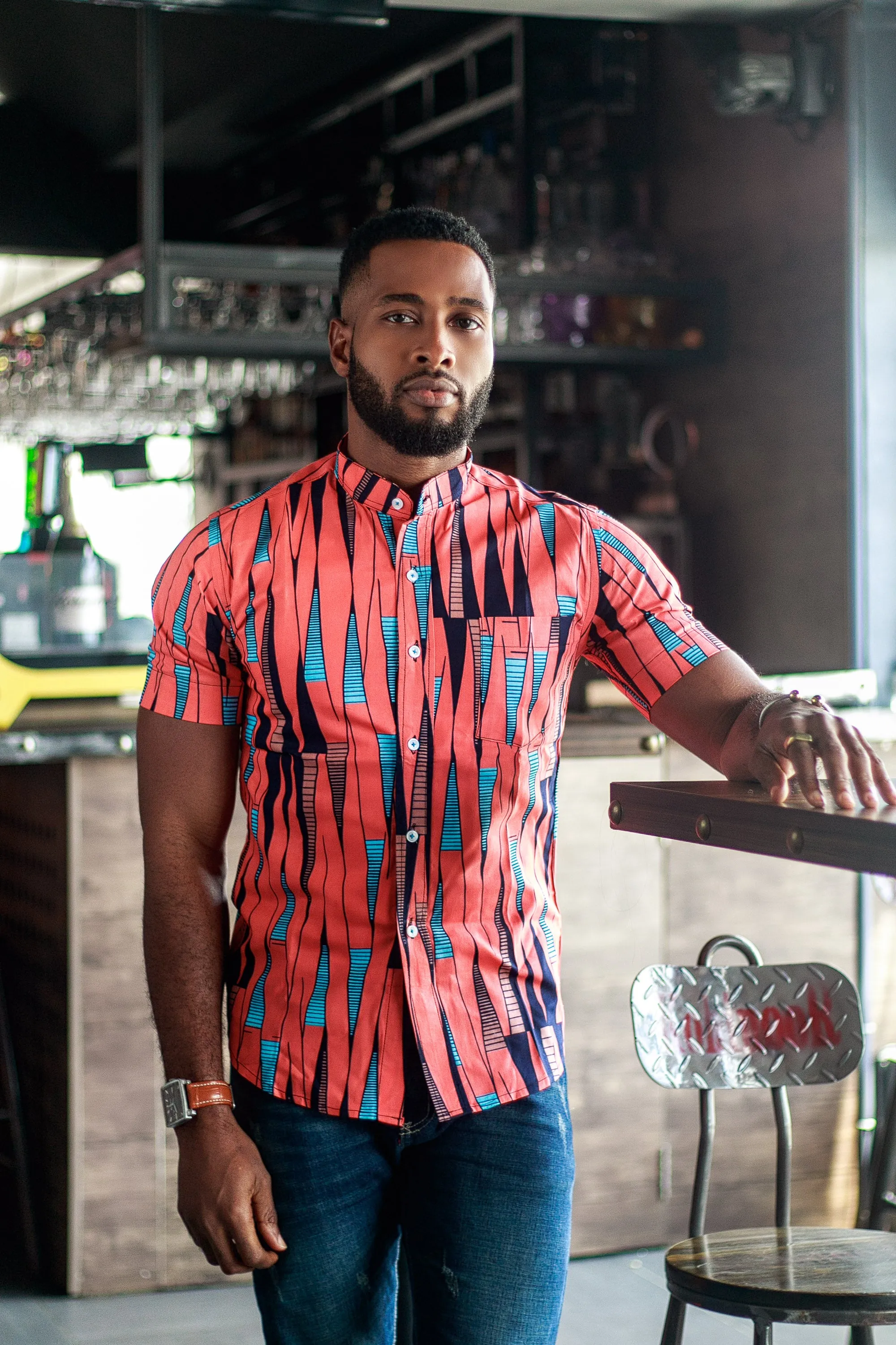 AFRICAN PRINT KWAME SHIRT SLEEVE BUTTON UP MANDARIN COLLAR  SHIRT