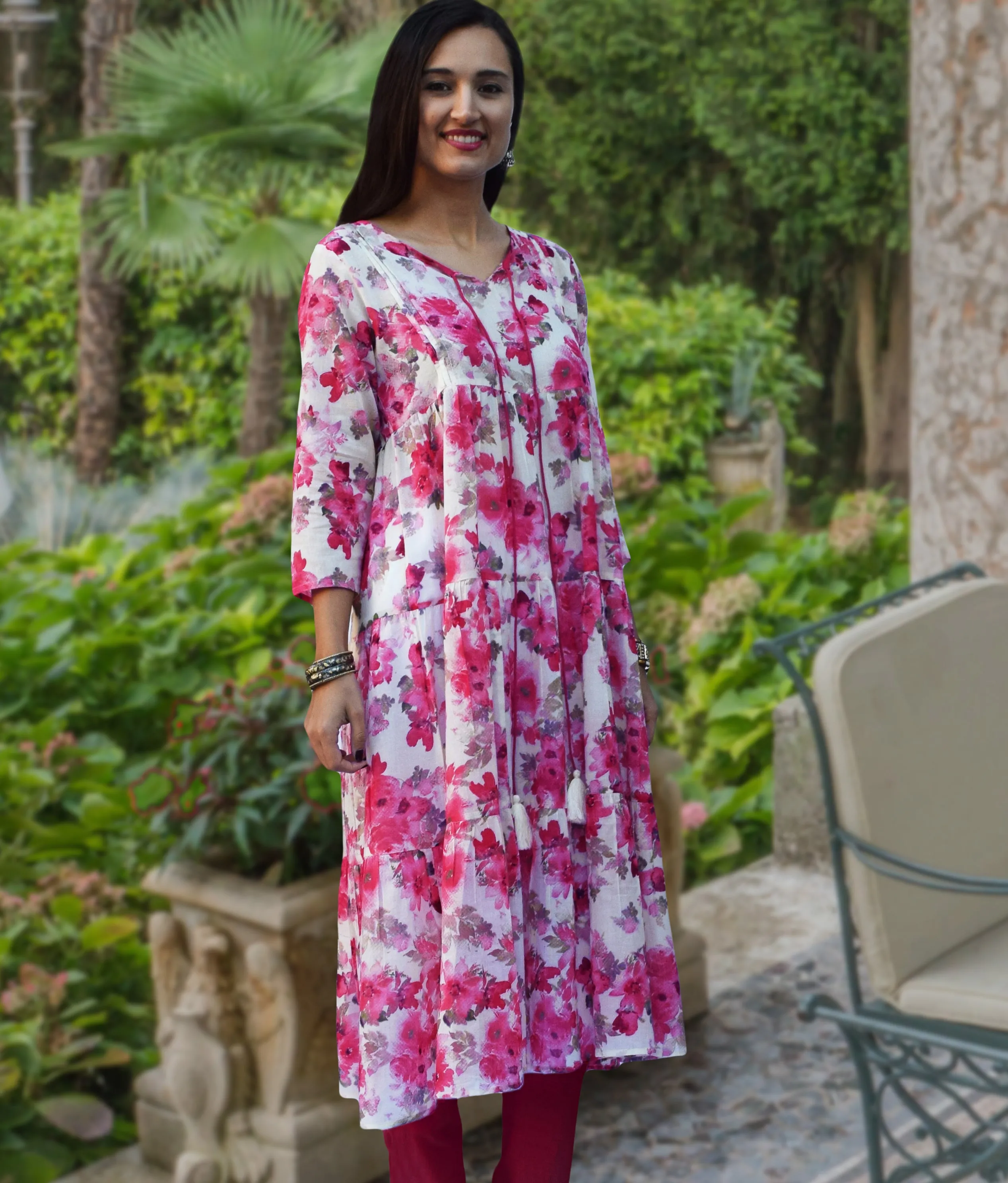 Aira Printed Pure Soft Cotton Tiered Long Tunic Kurta Dress: Regular and Plus Sizes, Made to Order/Customizable