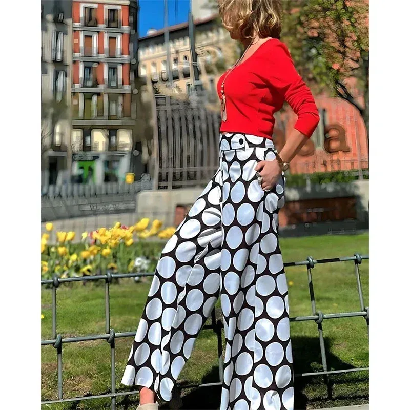 Amozae-2024 Fashion Polka Dot High Waist Straight Pants for Women Spring and Summer Casual Streetwear Full Length Trousers