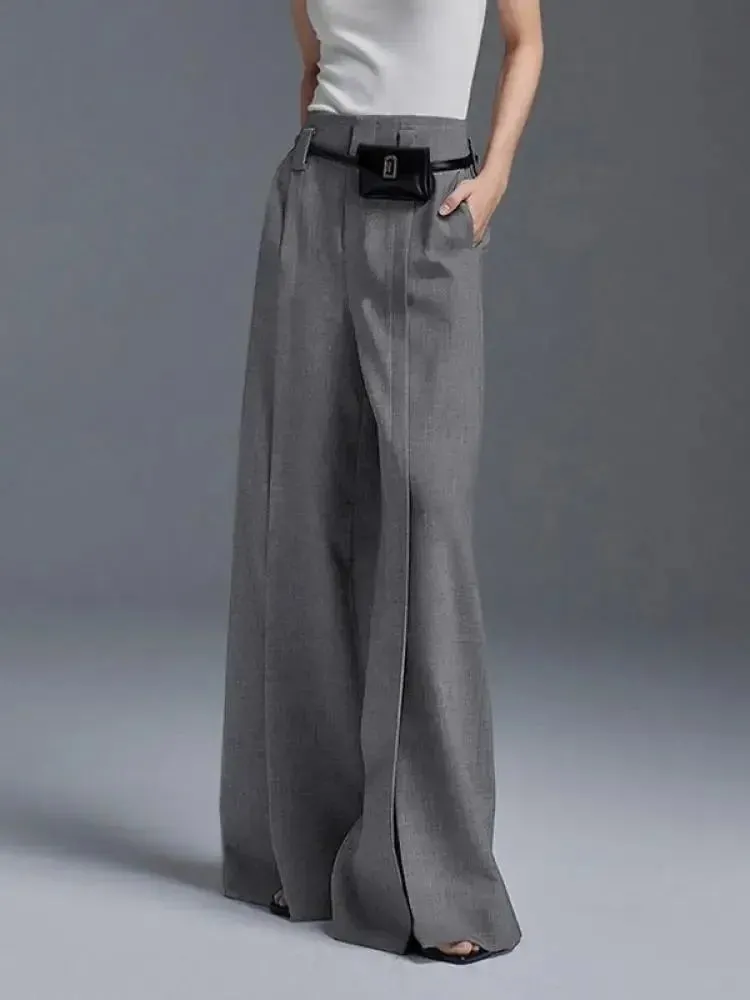 Amozae-Autumn Suit Pants Grey Trousers Loose High Waisted Korean Fashion Split-Front Pleated Wide Leg Classics Pants For Office Lady