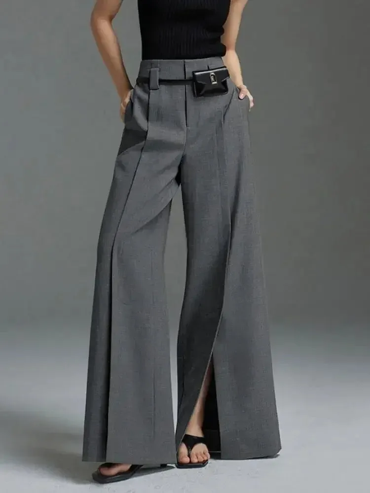 Amozae-Autumn Suit Pants Grey Trousers Loose High Waisted Korean Fashion Split-Front Pleated Wide Leg Classics Pants For Office Lady