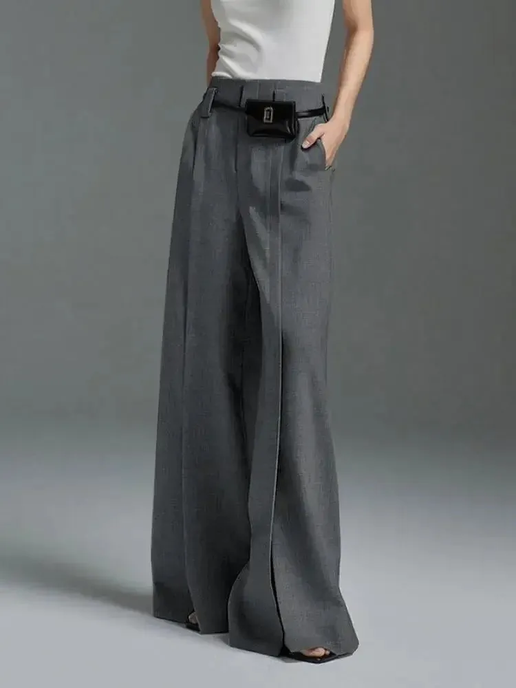 Amozae-Autumn Suit Pants Grey Trousers Loose High Waisted Korean Fashion Split-Front Pleated Wide Leg Classics Pants For Office Lady