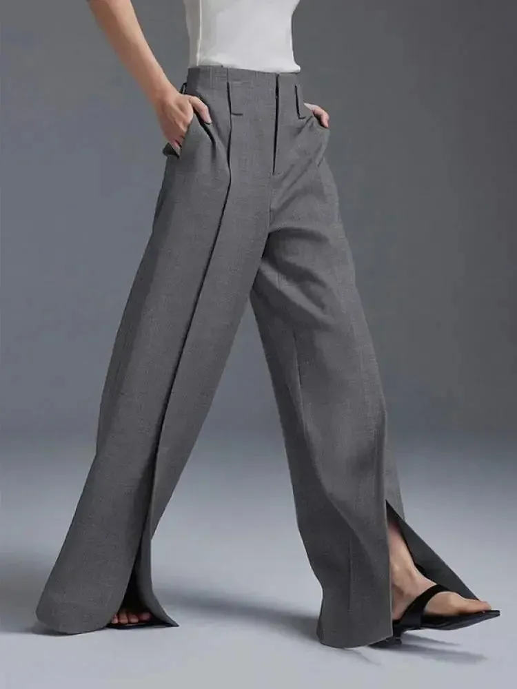 Amozae-Autumn Suit Pants Grey Trousers Loose High Waisted Korean Fashion Split-Front Pleated Wide Leg Classics Pants For Office Lady