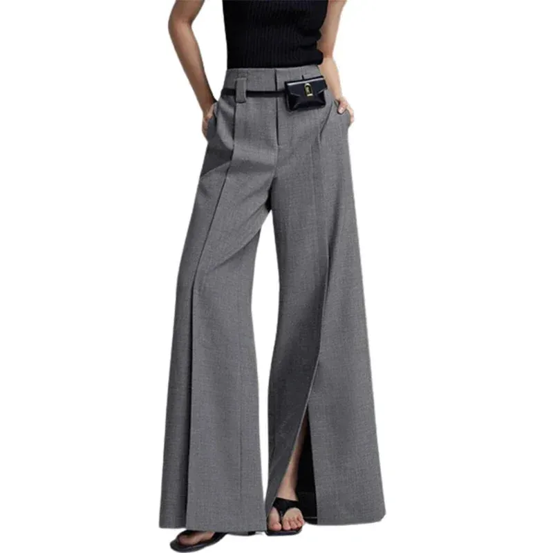 Amozae-Autumn Suit Pants Grey Trousers Loose High Waisted Korean Fashion Split-Front Pleated Wide Leg Classics Pants For Office Lady