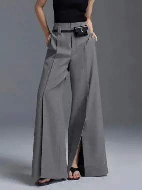 Amozae-Autumn Suit Pants Grey Trousers Loose High Waisted Korean Fashion Split-Front Pleated Wide Leg Classics Pants For Office Lady