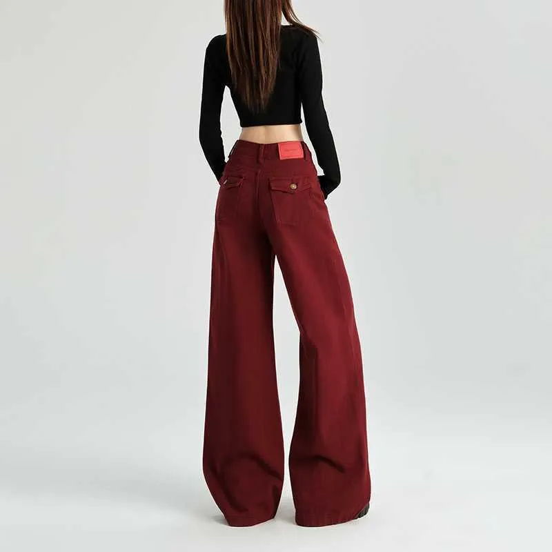 Amozae business casual outfits Maillard Angora Red Wide Leg Denim Pants High Waist Loose Slimming Straight Mop Pants Autumn