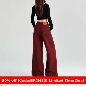 Amozae business casual outfits Maillard Angora Red Wide Leg Denim Pants High Waist Loose Slimming Straight Mop Pants Autumn