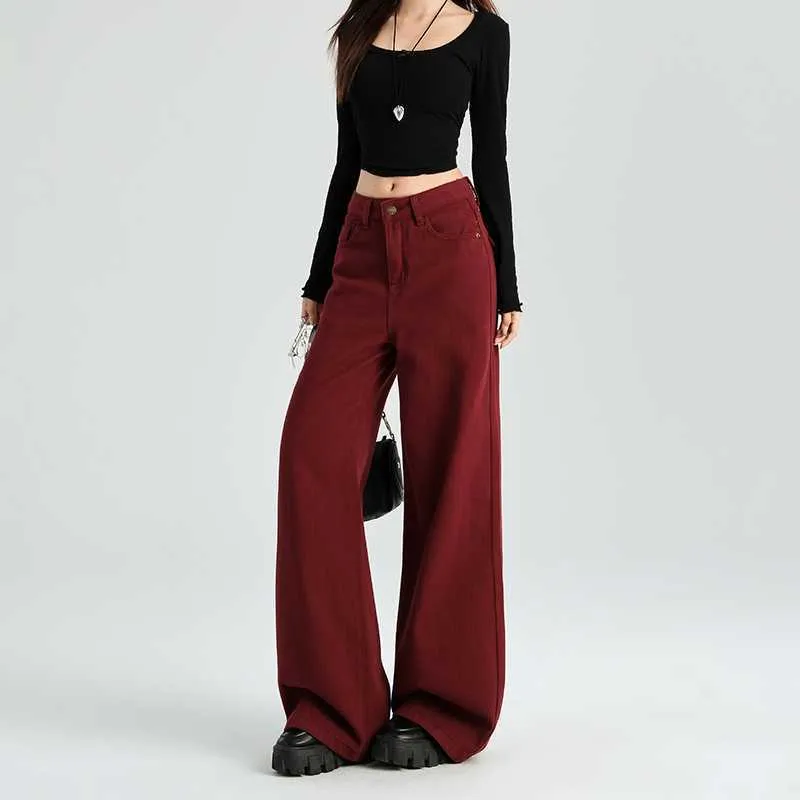 Amozae business casual outfits Maillard Angora Red Wide Leg Denim Pants High Waist Loose Slimming Straight Mop Pants Autumn