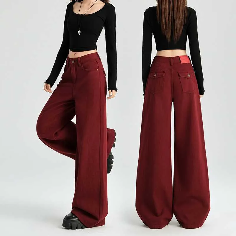 Amozae business casual outfits Maillard Angora Red Wide Leg Denim Pants High Waist Loose Slimming Straight Mop Pants Autumn