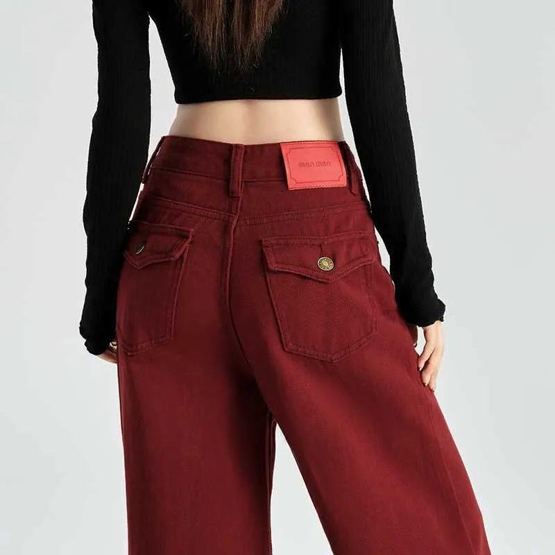 Amozae business casual outfits Maillard Angora Red Wide Leg Denim Pants High Waist Loose Slimming Straight Mop Pants Autumn