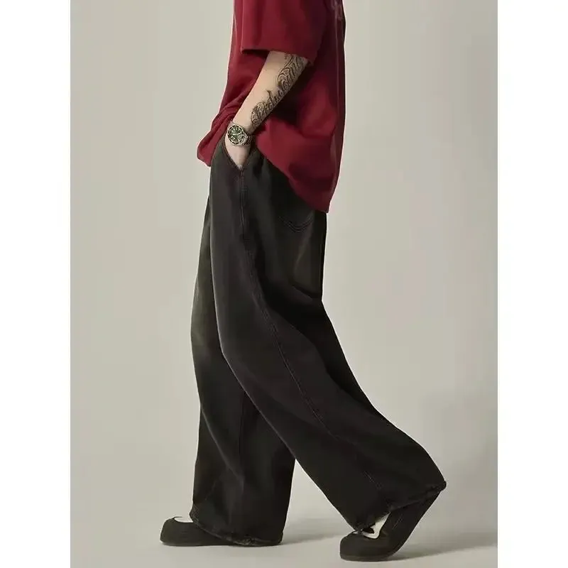 Amozae-Elastic Waist Oversize New Jeans Men's Women's Loose Fit Streetwear Draped Wide Leg Trousers Japanese Style