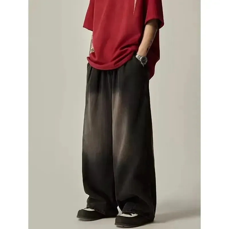 Amozae-Elastic Waist Oversize New Jeans Men's Women's Loose Fit Streetwear Draped Wide Leg Trousers Japanese Style