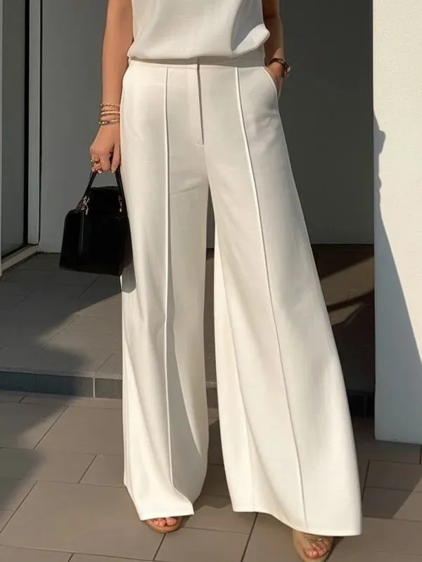 Amozae-Women Solid White Pants Urban Female High Waist Wide Leg Floor Length Trousers Spring Summer Casual Streetwear Bottom