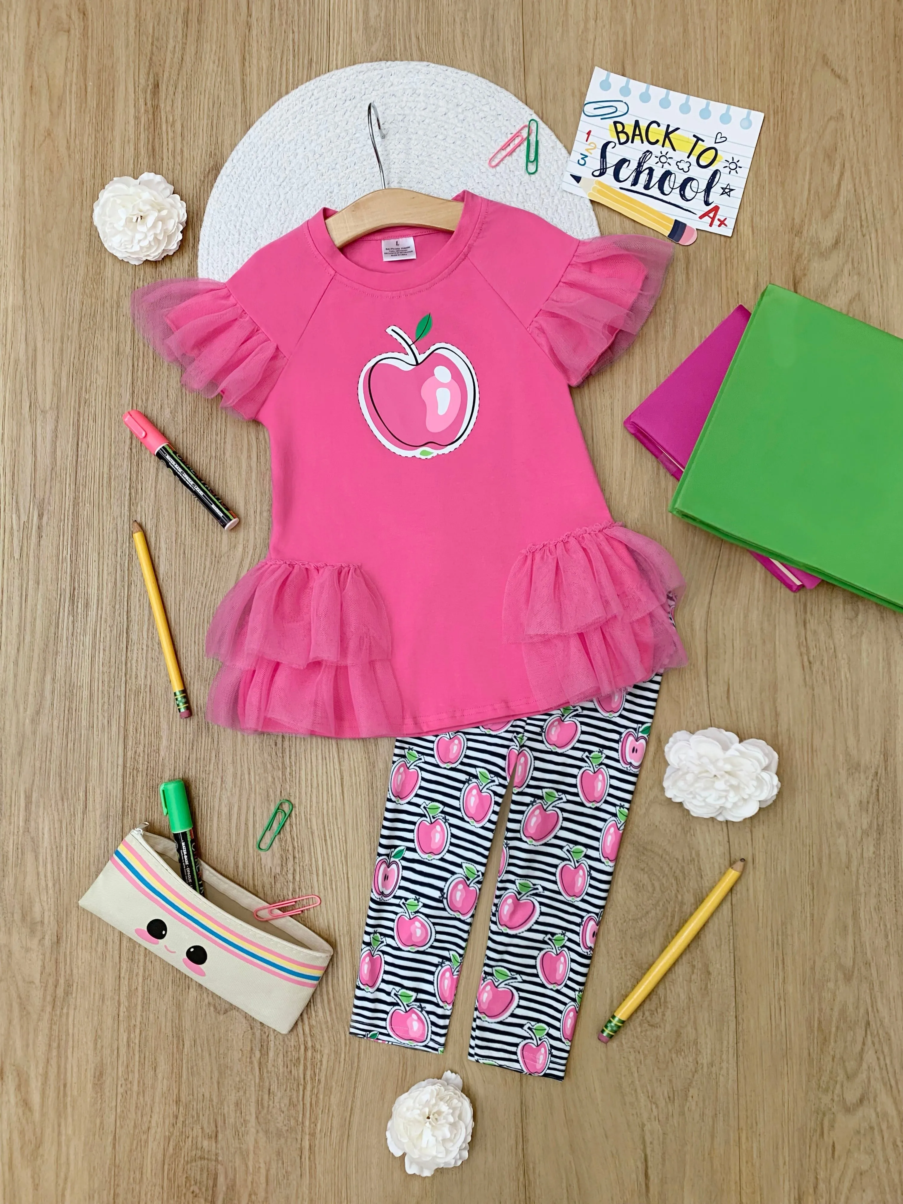 Apple Charm Ruffle Tunic and Striped Legging Set