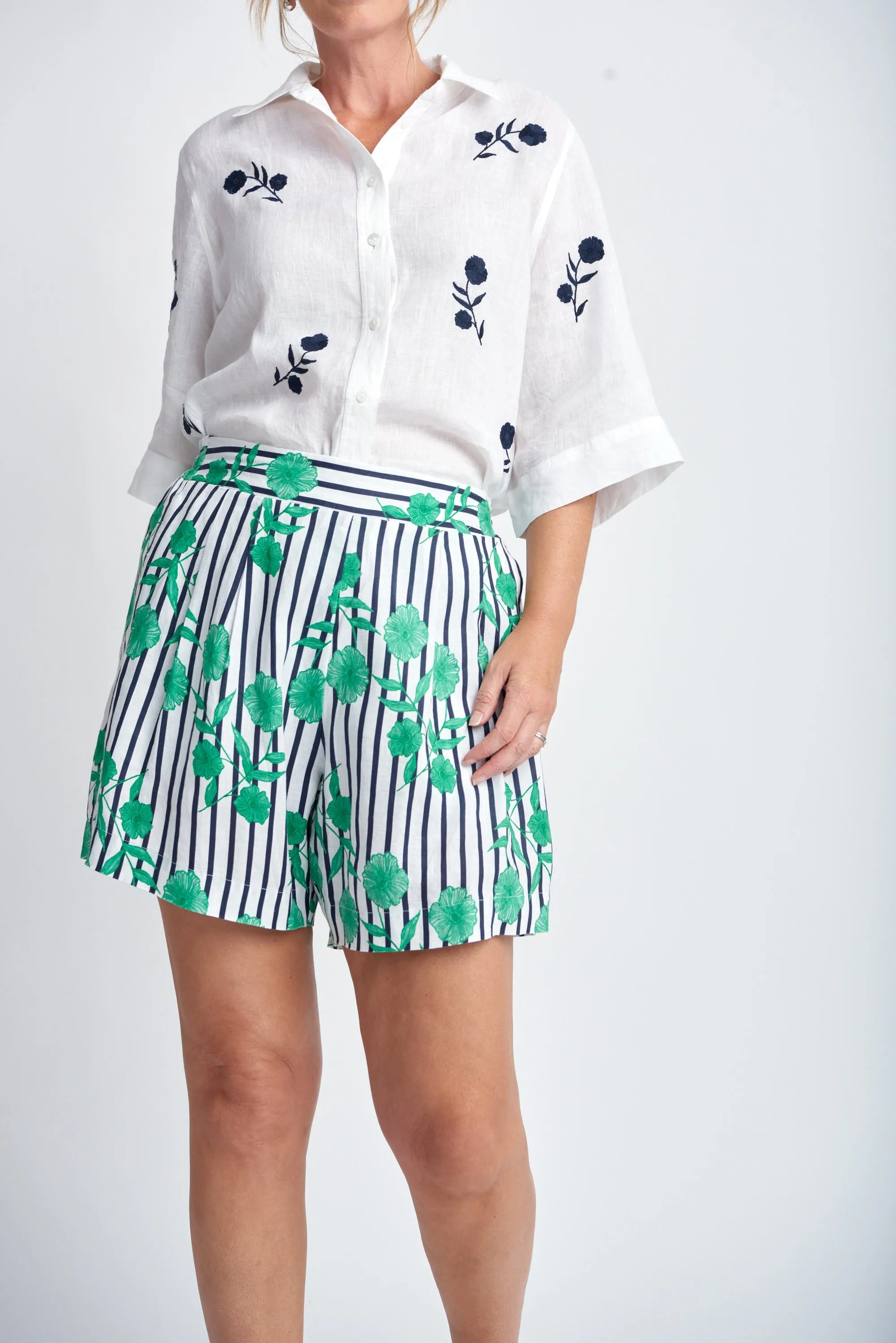 Aquadoor Stripe Floral Linen Shorts Green/Navy