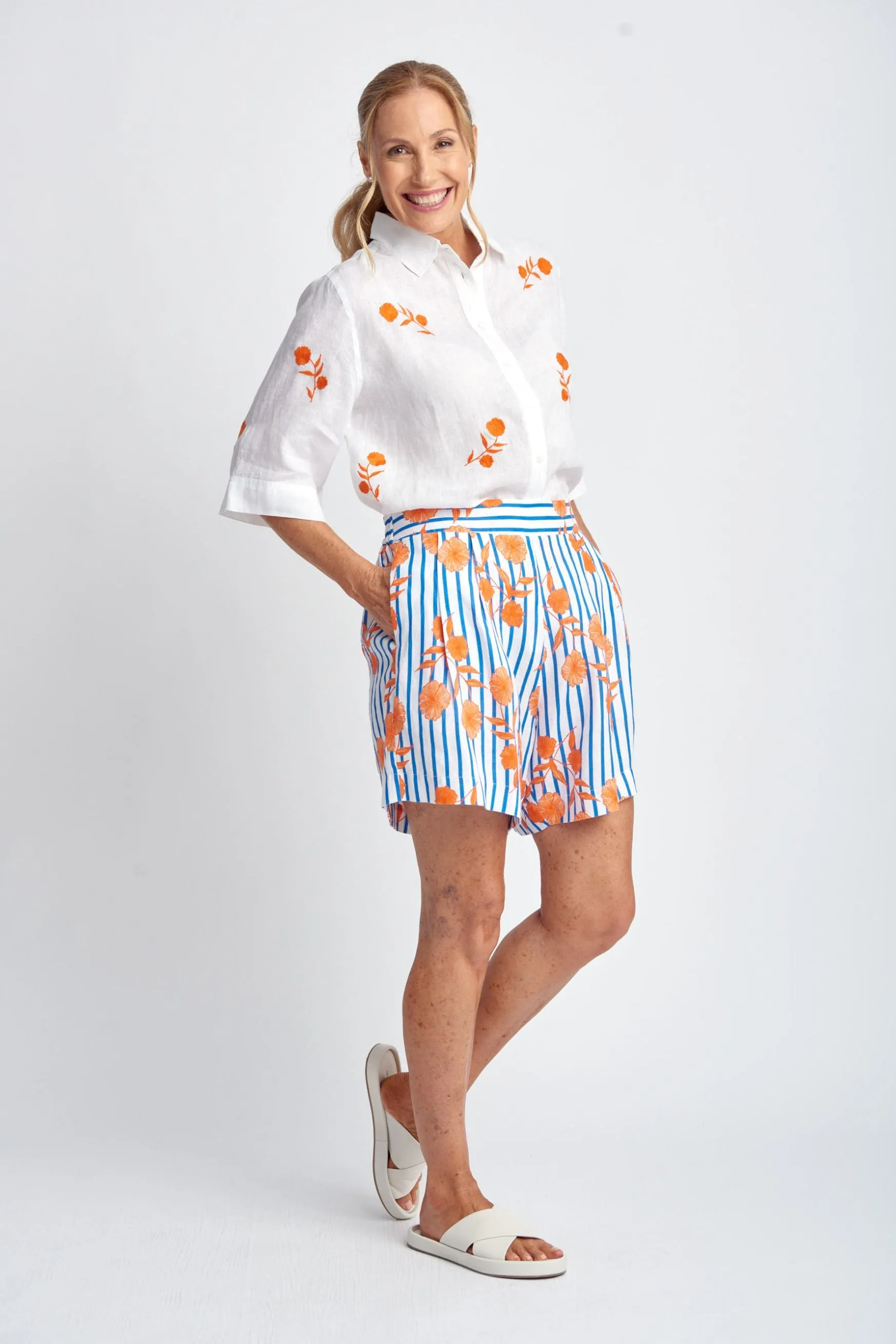 Aquadoor Stripe Floral Linen Shorts Orange/Blue