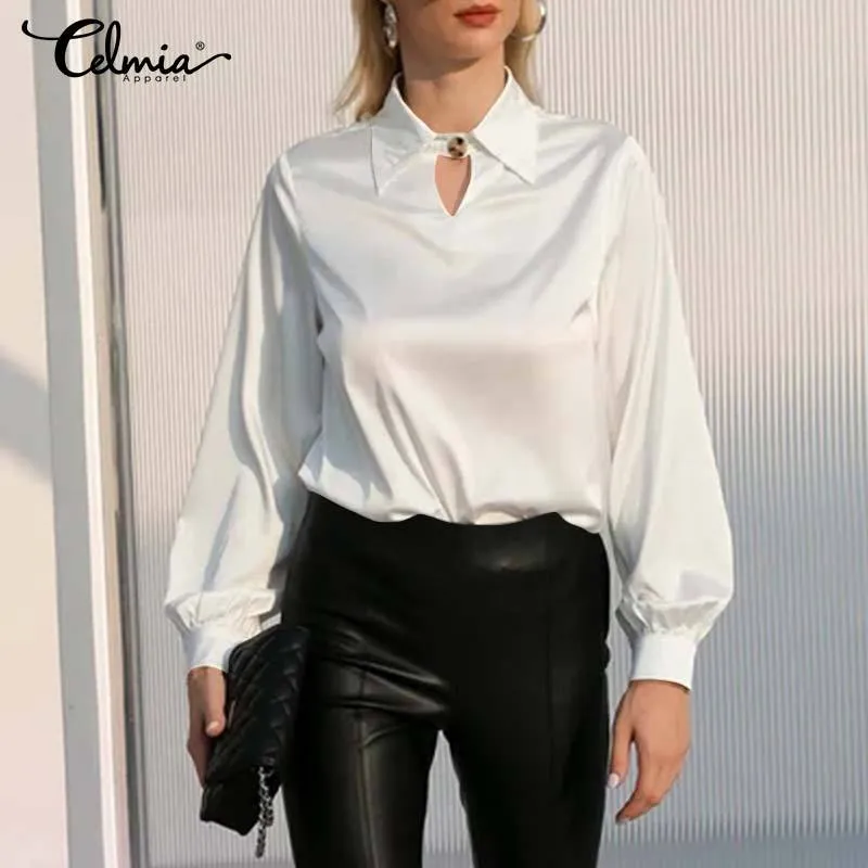 Autumn Elegant Lantern Long Sleeve Satin Blouses Women Casual Office Lapel Shirts 2022 Fashion Hollow Neckline Tunic Tops