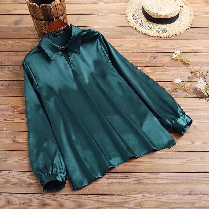 Autumn Elegant Lantern Long Sleeve Satin Blouses Women Casual Office Lapel Shirts 2022 Fashion Hollow Neckline Tunic Tops