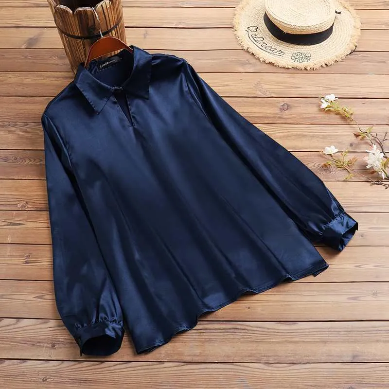 Autumn Elegant Lantern Long Sleeve Satin Blouses Women Casual Office Lapel Shirts 2022 Fashion Hollow Neckline Tunic Tops