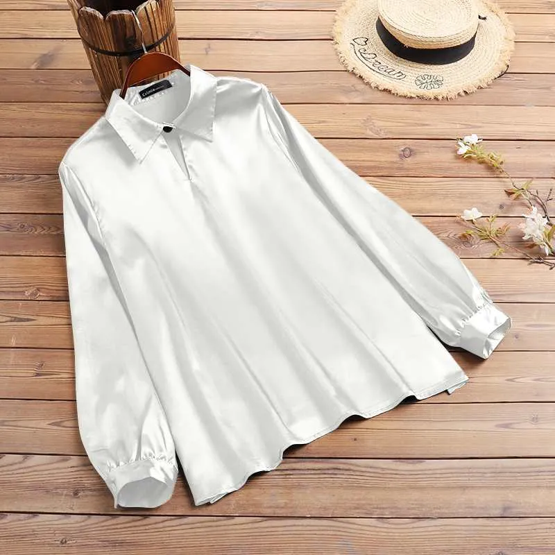 Autumn Elegant Lantern Long Sleeve Satin Blouses Women Casual Office Lapel Shirts 2022 Fashion Hollow Neckline Tunic Tops