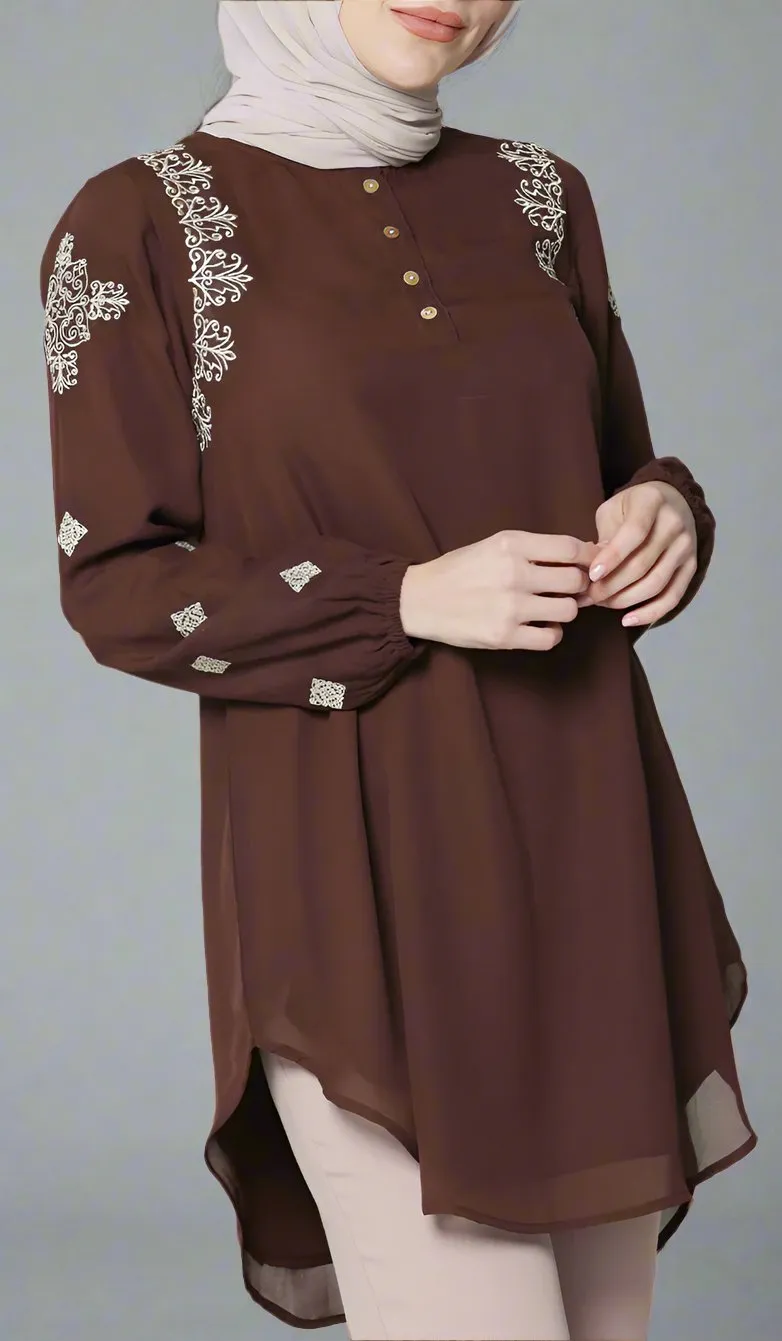 Azmi Gold Embroidered Long Modest Tunic - Cocoa