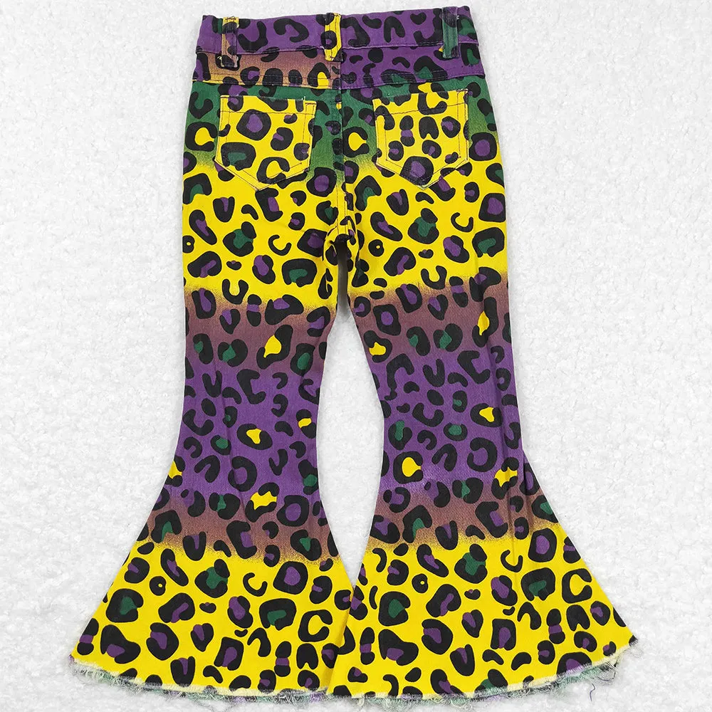 Baby Girls Jeans Mardi Gras Colorful Leopard Bell Denim Pants P0314