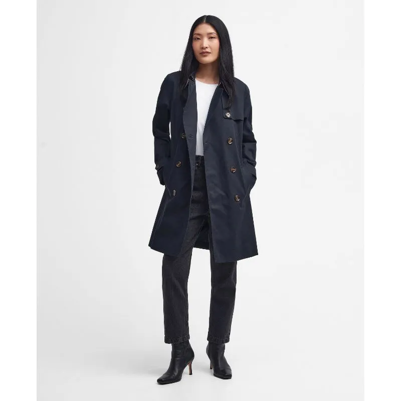 Barbour Short Greta Ladies Showerproof Trench - Dark Navy/Primrose Hessian