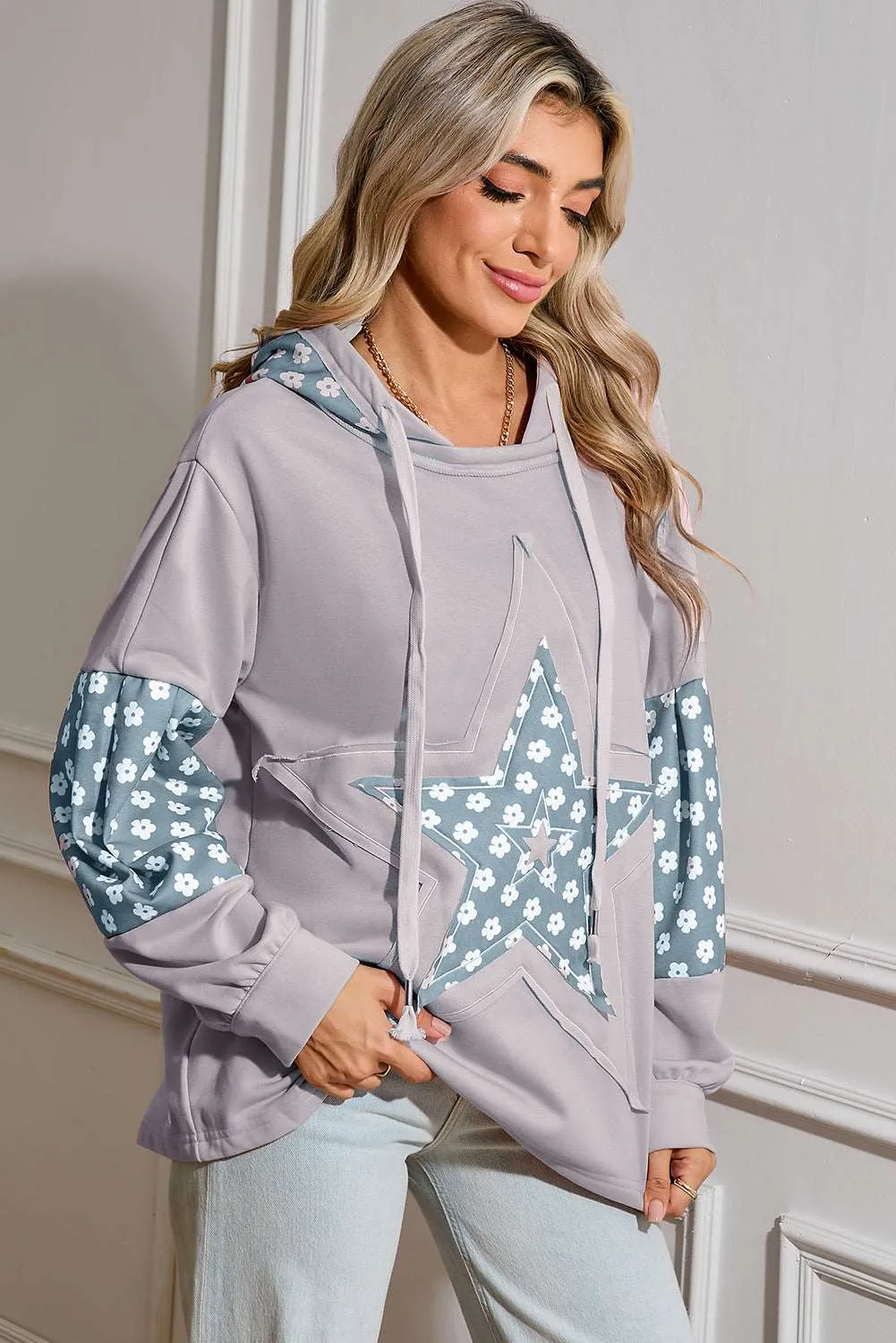 Beau Blue Floral Patchwork Star Pattern Drawstring Hoodie