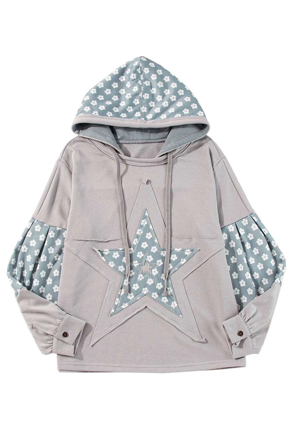 Beau Blue Floral Patchwork Star Pattern Drawstring Hoodie