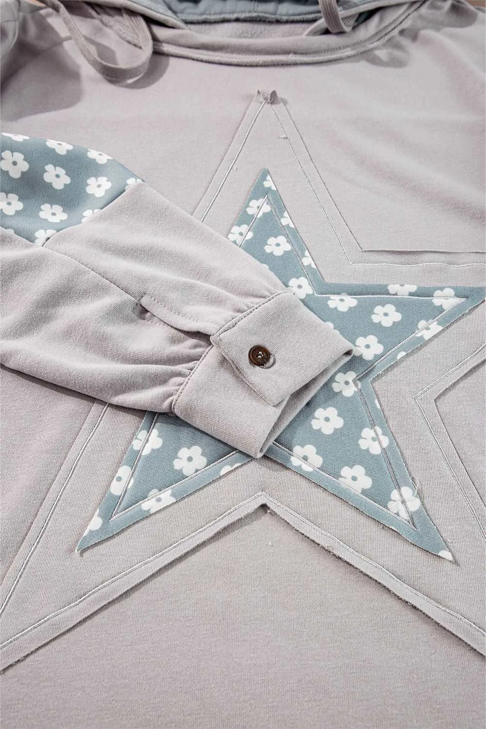 Beau Blue Floral Patchwork Star Pattern Drawstring Hoodie