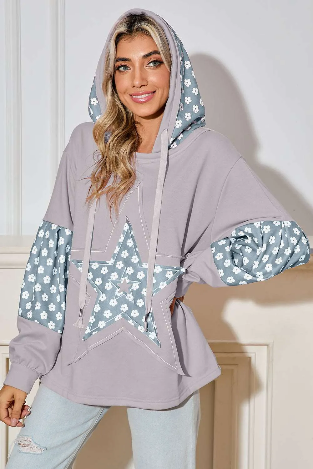 Beau Blue Floral Patchwork Star Pattern Drawstring Hoodie