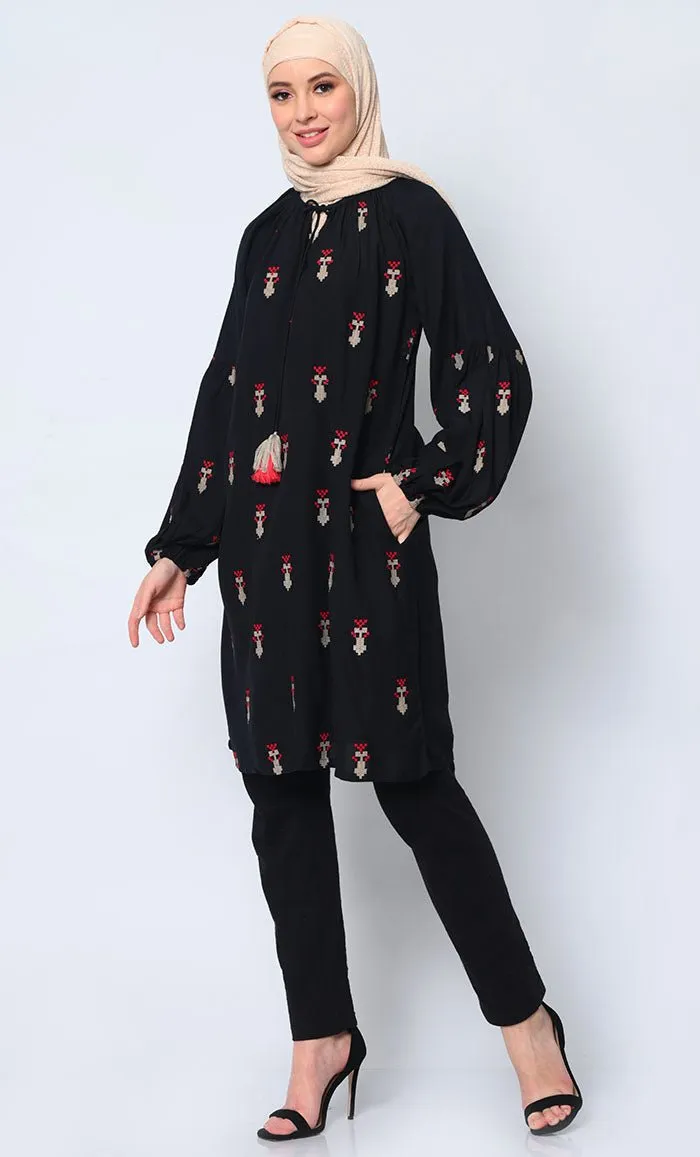 Beautiful Motifs Embroidered Black Tunic with Pockets