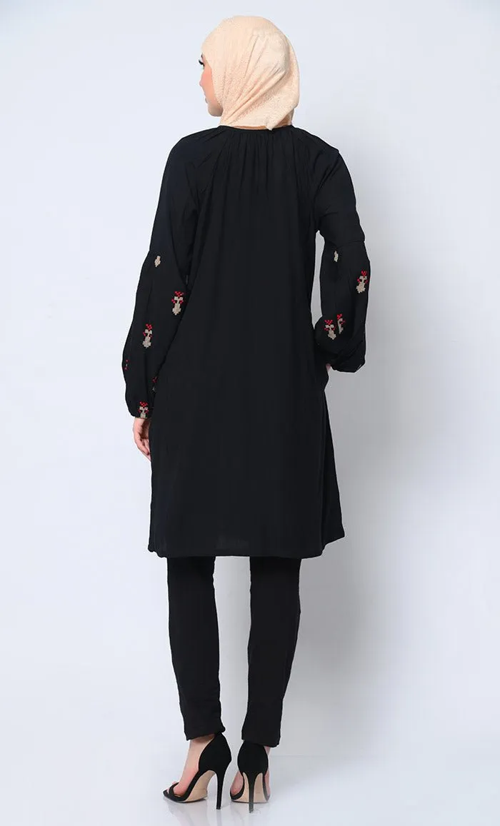 Beautiful Motifs Embroidered Black Tunic with Pockets