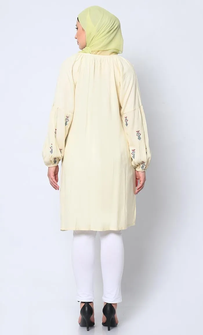 Beautiful Motifs Embroidered Cream Tunic with Pockets