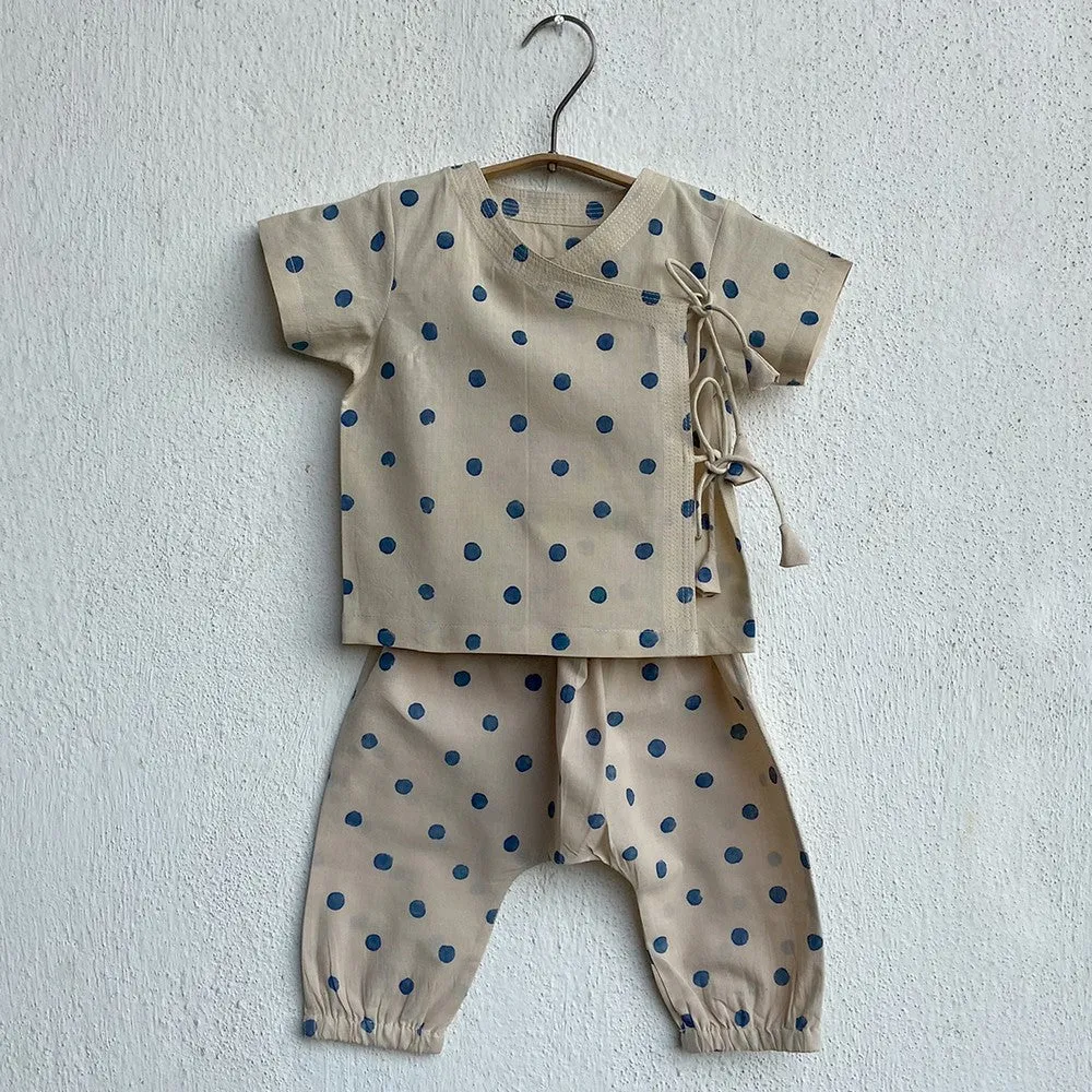 Beige Organic Indigo Polka Angrakha With Pants