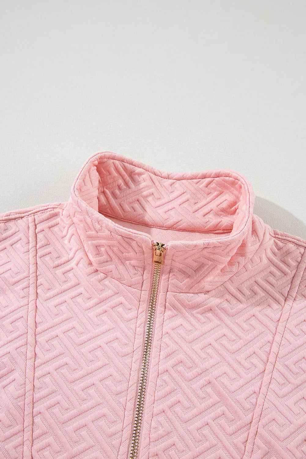 Beige Solid Textured Half Zipper Collared Sweatshirt