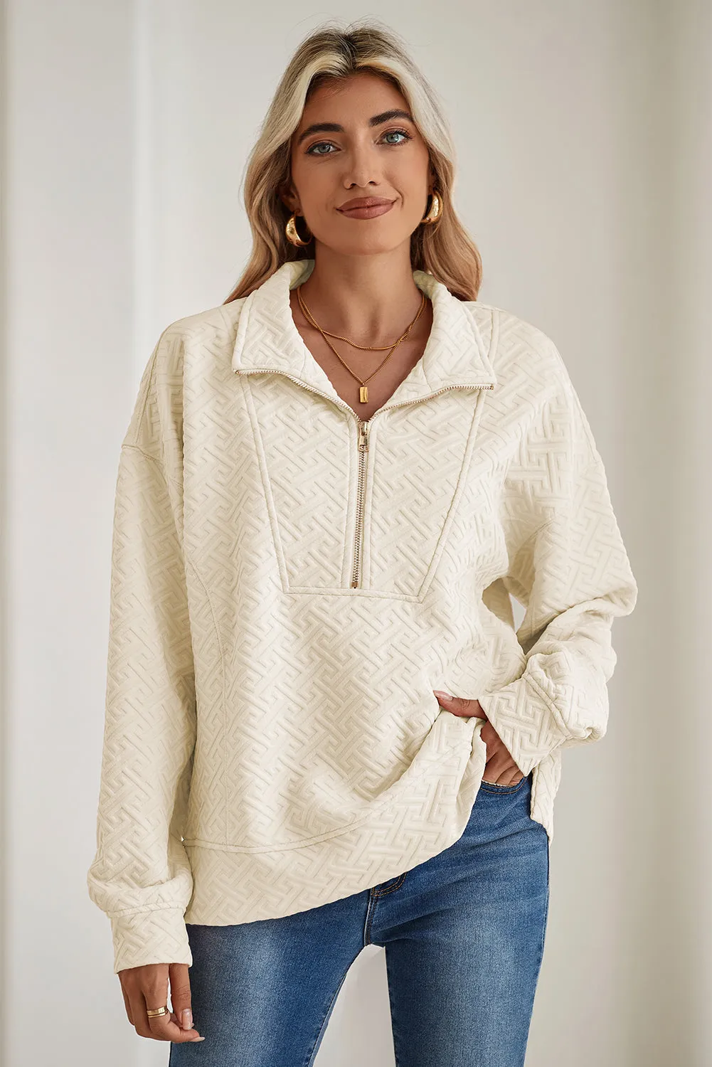 Beige Solid Textured Half Zipper Collared Sweatshirt