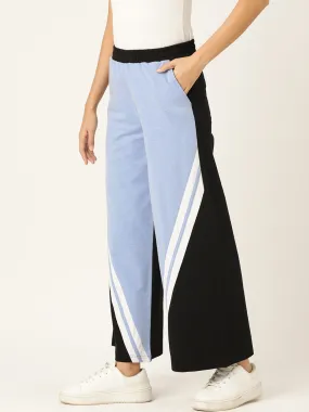 Black & Turquoise Blue Colourblocked Wide Leg Track Pants,has elasticated waistband with inner drawstring closure & 2 pockets