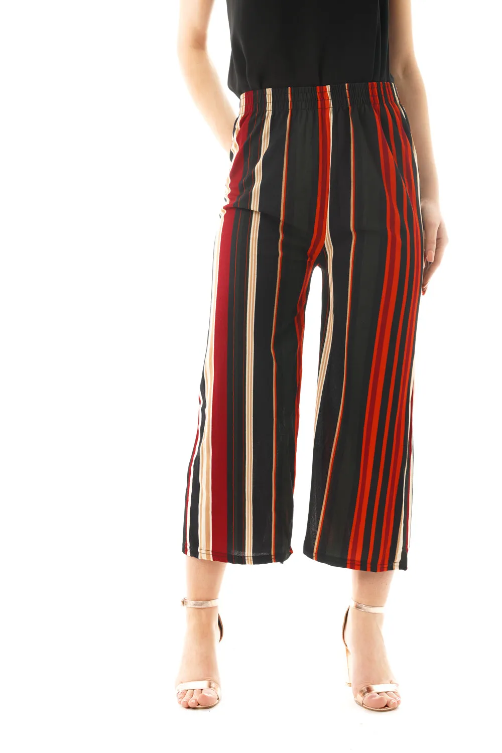 Black and Red Pin Stripe Culotte Stretch Trousers