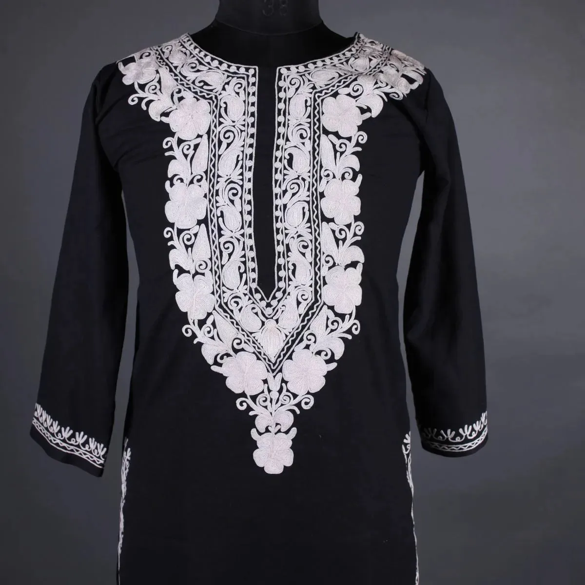 Black Floral White Ari Embroidered Kurti