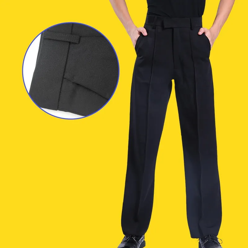 Black Latin or Ballroom Performance Trouser Pants for Boys Available with Stripe or Pockets B901