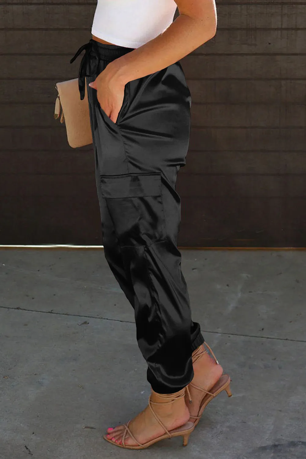 Black Satin Pocketed Drawstring Elastic Waist Pants