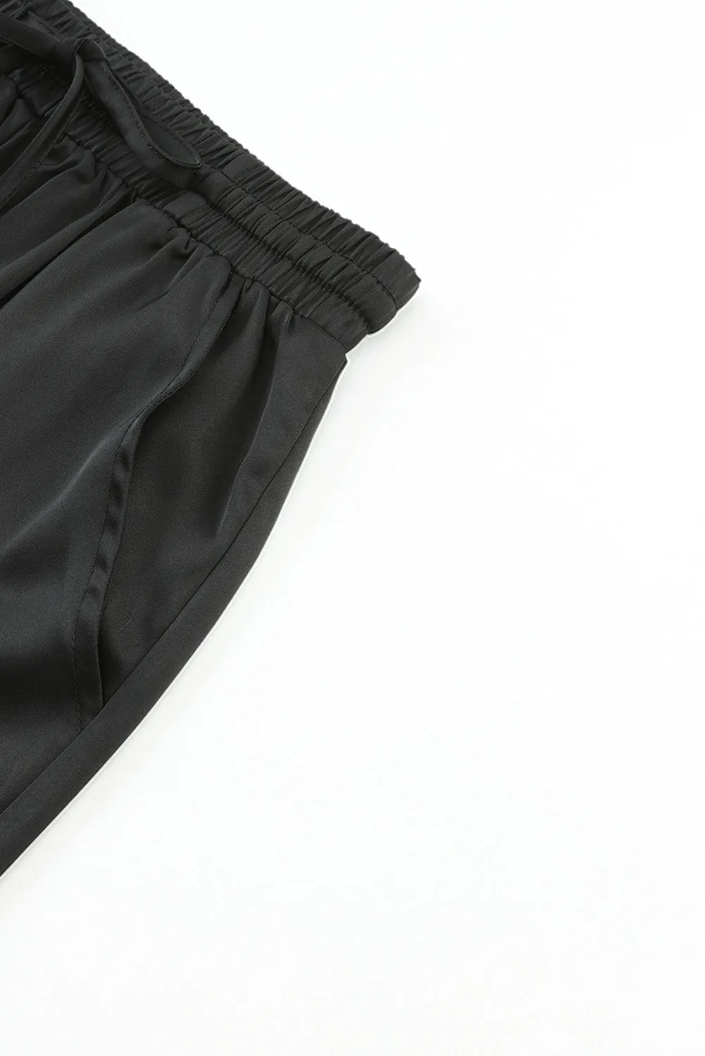 Black Satin Pocketed Drawstring Elastic Waist Pants