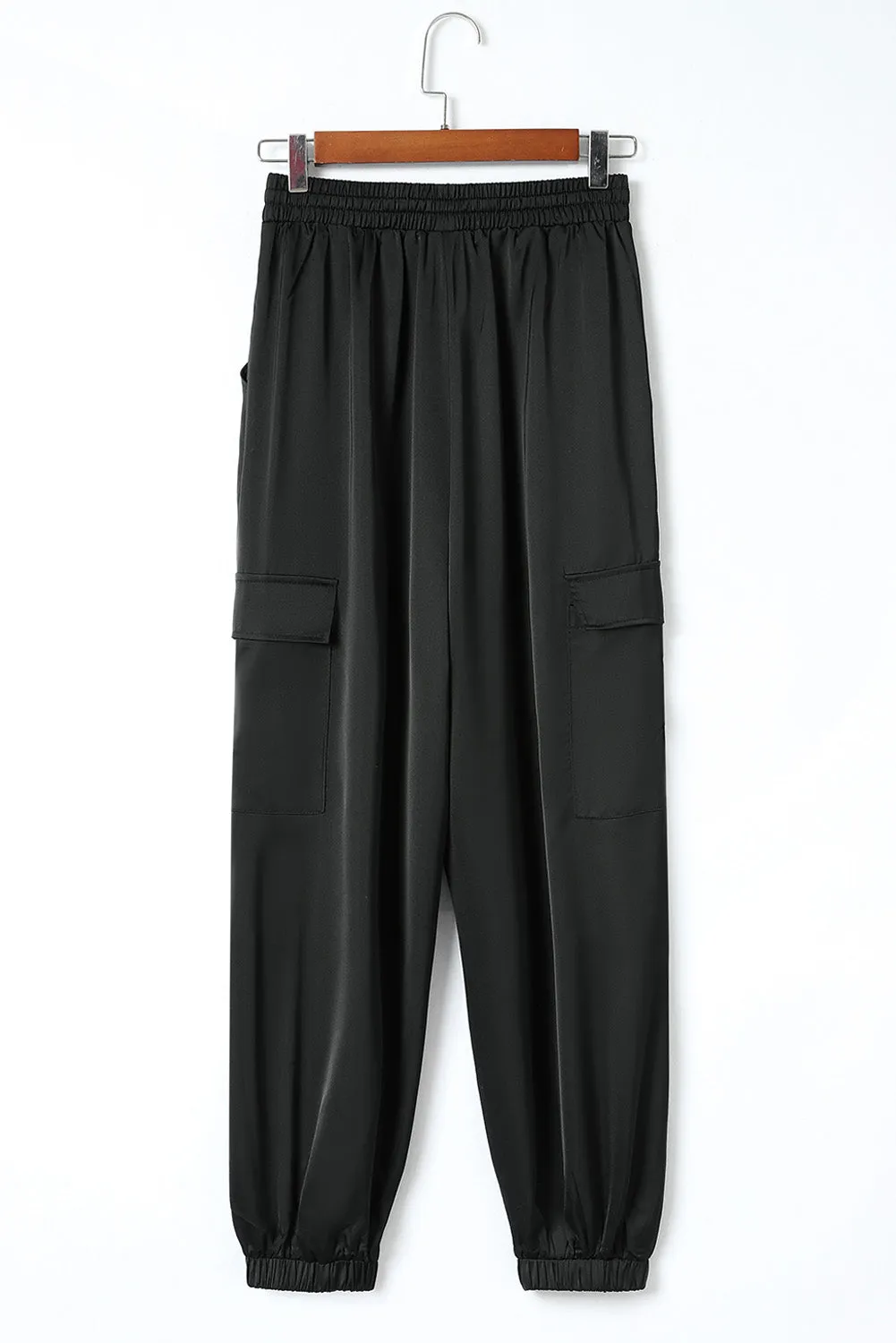 Black Satin Pocketed Drawstring Elastic Waist Pants