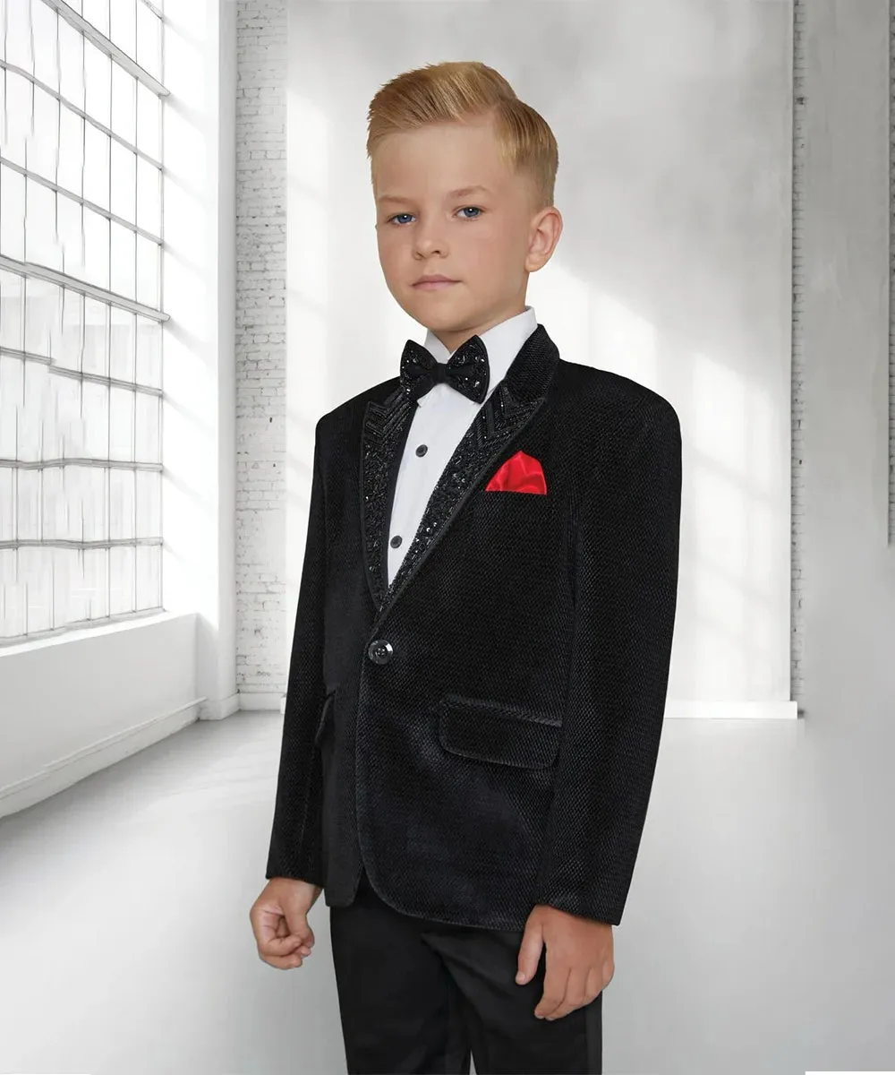 Black Velvet Self-Textured Suit Set for Wedding